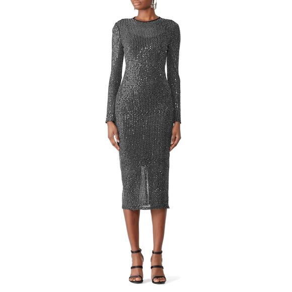 Rachel Roy Charcoal Silver Sequined Long Sleeve Cocktail Party Midi Dress Sz XS - Picture 1 of 14